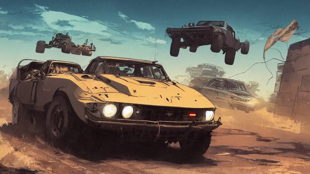 Image similar to digital illustration of mad max's fj 4 0 pursuit special, the last v 8 interceptor driving down a deserted cyberpunk highway in the middle of the day by studio ghibli, anime style, by makoto shinkai, ilya kuvshinov, lois van baarle, rossdraws, basquiat