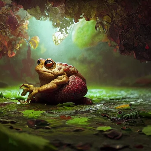 Prompt: soulful long shot of a crazy toad baby hiding under a leaf, by esao andrews, by m. w. kaluta, ultra humorous illustration, small depth of field, perspective perception, volumetric light, psychedelic colors, 3 d octane render, 8 k, conceptart, hyperdetailed, hyperrealistic, trending on artstation