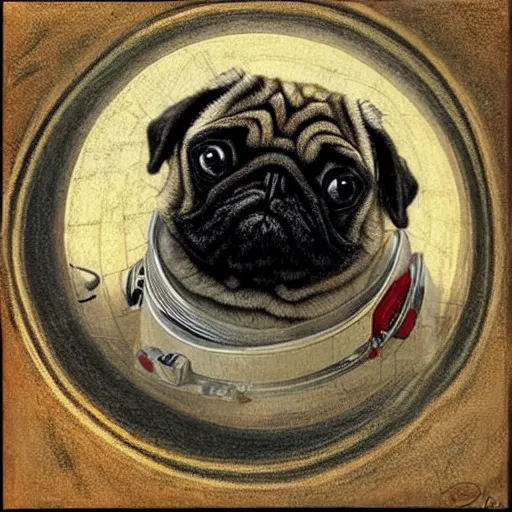 Prompt: pencil art, golden - ratio, spirals, highly detailed, astronaut pug in outer space painted by davinci.