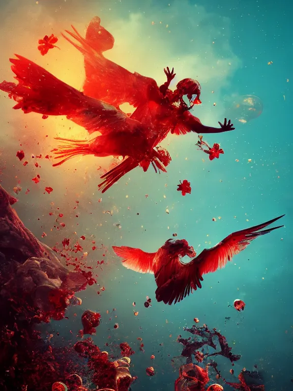 Prompt: a falling Icarus sinking in bubbling red wax, wings, skull, birds, flowers, baroque. many birds on background. Trending on artstation. octane render, cinematic, hyper realism, octane render, 8k, depth of field, bokeh. iridescent accents. vibrant. teal and gold and red colour scheme