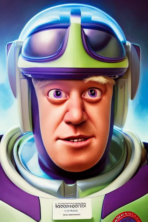 Image similar to Boris Johnson as Buzz Lightyear from Toy Story, realistic portrait, symmetrical, highly detailed, digital painting, artstation, concept art, smooth, sharp focus, illustration, cinematic lighting, art by artgerm and greg rutkowski and alphonse mucha