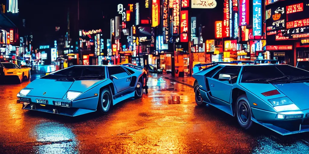 Image similar to photograph of two different coloured lamborghini countach parked in a rainy neo tokyo street at night with neon light signs illuminating the scene, sharp focus, highly detailed, ray tracing, cinematic, moody, hdr, 4 k, incredible detail