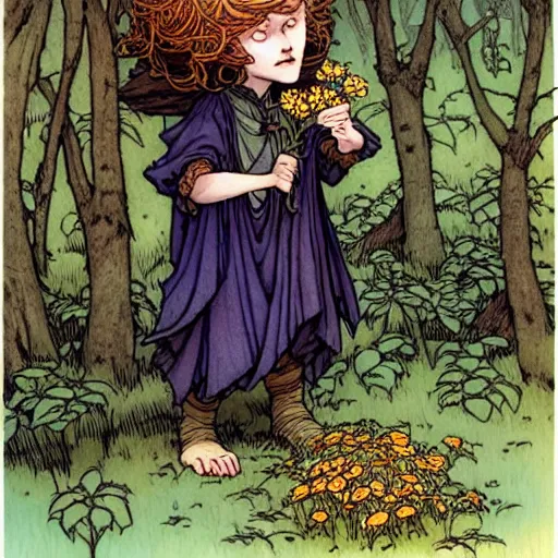 Prompt: A cute little frankestein collecting flowers in the forest. Absurdly-detailed fantasy character illustration by Rebecca Guay and Wayne Reynolds