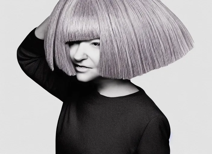 Image similar to realistic illustration of Sia using her famous wig as a mop