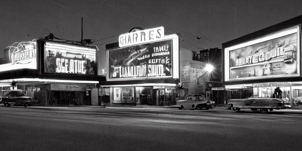 Image similar to detailed sharp photograph in the style of popular science circa 1 9 5 5 and gregory crewdson of a 1 9 5 0 s small town main street night movie theatre marquis playing the thing