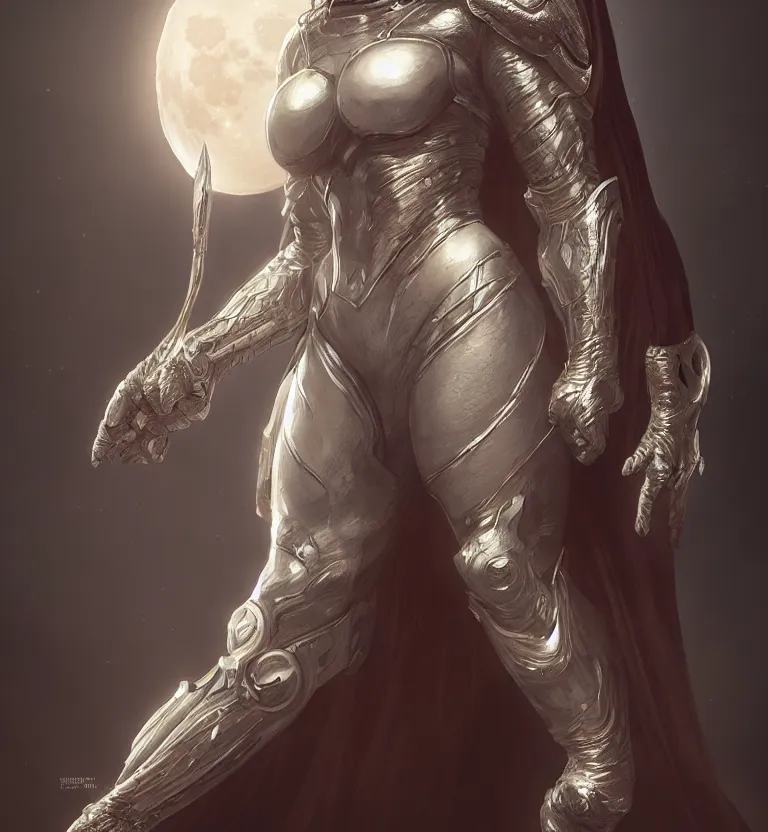 Image similar to female moon knight, hyper detailed, digital art, trending in artstation, cinematic lighting, studio quality, smooth render, unreal engine 5 rendered, octane rendered, art style by klimt and nixeu and ian sprigger and wlop and krenz cushart