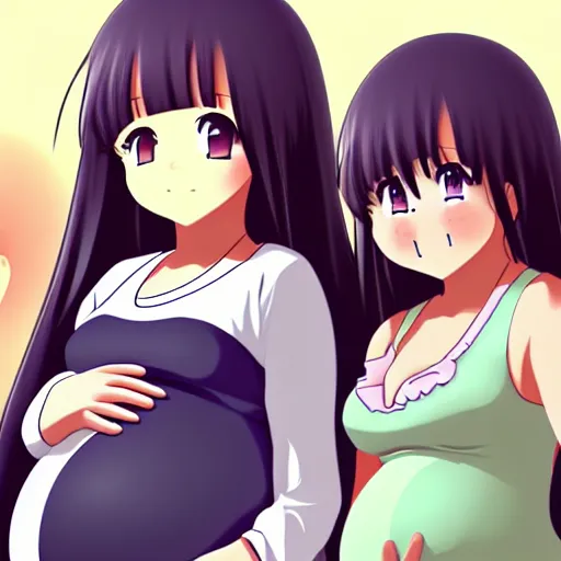 Image similar to cute girl pregnant with triplets at 4 0 weeks, baby movings in belly, anime art, trending on pixiv