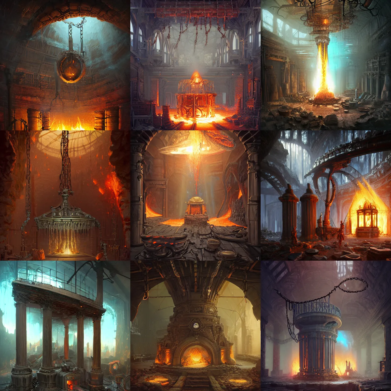 Prompt: beautiful victorian forge furnace with large pillars, blacksmiths striking anvils, lava streams, magma cascades, glass ceilings, chains hanging from ceiling, light dust, by peter mohrbacher dan mumford craig mullins nekro, cgsociety, pixiv, volumetric light, 3 d render