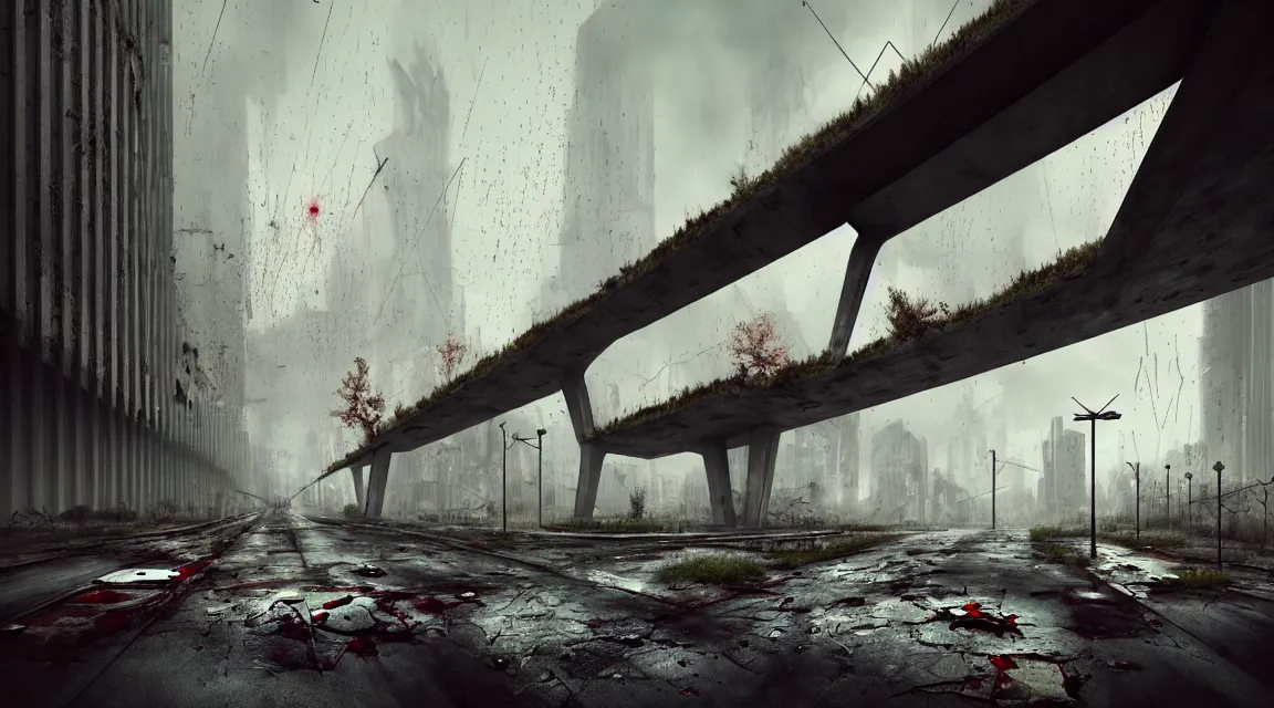 Image similar to post apocalyptic bridge, raining, building, avenue, modern contemporary urban americana concrete architecture, by pascal blanche, neil blevins, apocalyptic color palette, trending on artstation, photorealistic, wilderness ambiance, ultra detailed, high definition, depth of field, bokeh, rubble, wild vegetation, blood stains, building crumbling