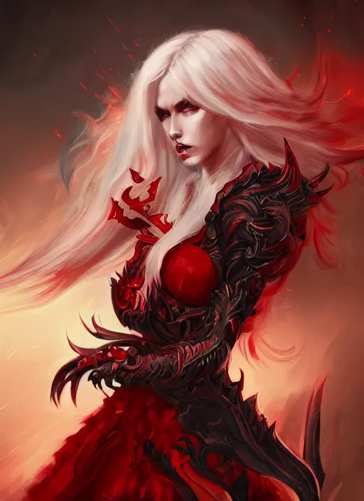 Image similar to a highly detailed illustration of fierce beautiful long white haired horned demon woman wearing red and black battle dress, dramatic imposing pose, intricate, elegant, highly detailed, centered, digital painting, artstation, concept art, smooth, sharp focus, league of legends concept art, wlop.