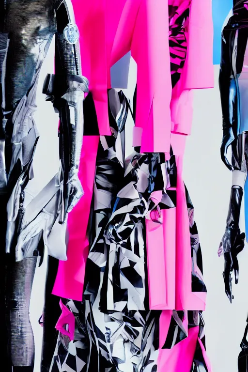 Prompt: an award winning fashion photograph of Balenciaga's fashion week 2049, cyberpunk, futuristic, Bladerunner 2049, dazzle camouflage!!, dayglo pink, dayglo blue, raven black, corporate