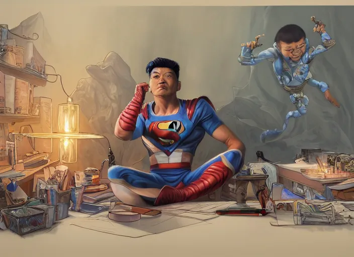 Image similar to an insanely detailed painting of an asian man wearing a homemade superhero costume, sitting at a desk, staring seriously at the computer and typing, in the style of peter mohrbacher, james jean, artgerm, dramatic lighting and composition, surreal background, octane render, pixar, trending on artstation, concept art, comic book, view from behind, 8 k