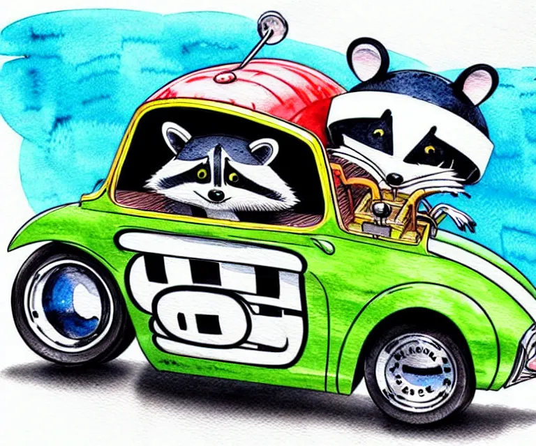 Prompt: cute and funny, racoon wearing racing helmet riding in a tiny hot rod coupe with oversized engine, ratfink style by ed roth, centered award winning watercolor pen illustration, isometric illustration by chihiro iwasaki, edited by range murata