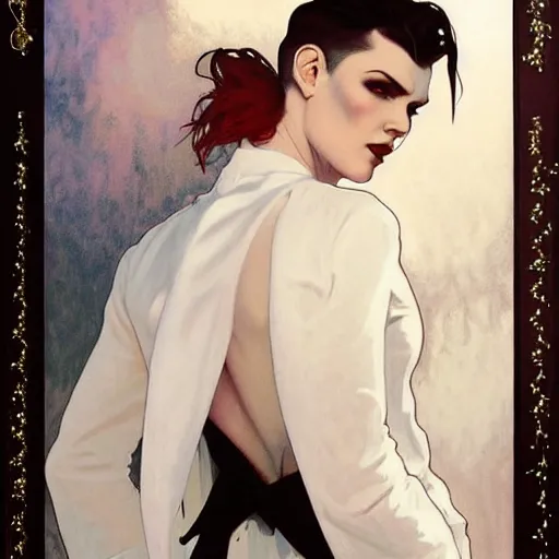 Image similar to beautiful portrait of androgynous ruby rose as desire from sandman in a white tuxedo!!!, rockabilly style, by alphonse mucha, cedric peyravernay, by jeremy mann, by frank moth, white suit and black tie, soft lightning, high detailed, 8 k