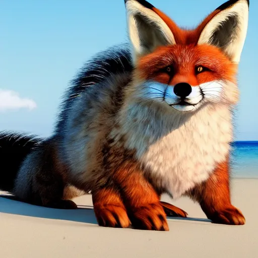 Image similar to a photorealistic adorable fierce furry monster with long fur long floppy rabbit ears chubby body and fox body and wolf legs with thick stubby claws, fox colored fur, grinning at the camera showing sharp teeth, with a mischievous grin, happy lighting, at a tropical beach