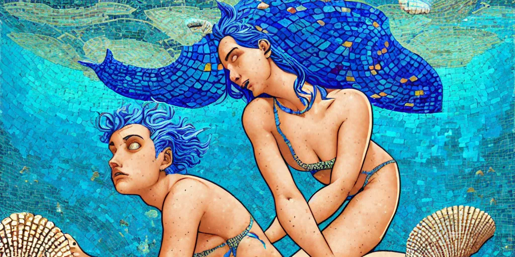 Prompt: ancient roman mosaic of bluehair mermaid with a shell bikini on sea floor, low ceiling, illustration by moebius, rhads, dan mumford, josan gonzales, clean thick line, comics style