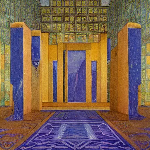 Prompt: a painting of a throne room , tiled floor a raytraced image by Mikalojus Konstantinas Čiurlionis, by Edward Okun, metaphysical painting, hall of mirrors, egyptian art, concept art