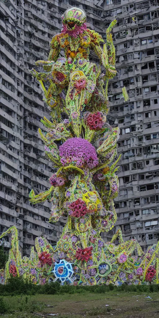 Image similar to colossal psyhedelic alien predator flower made from worst unfulfilled mankind projects in the middle of abandoned post soviet constructivist cityscape, Stalinist architecture, ultradetailed, Intricate by Niruyoshi Ohrai and Hayao Miyazaki and Josan Gonzalez