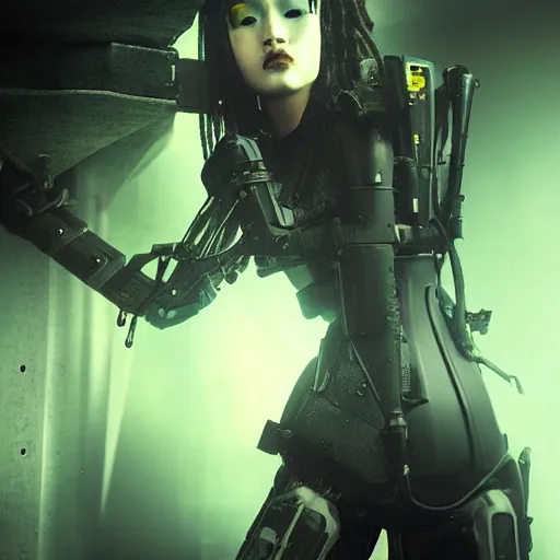 Image similar to epic photograph. Tokyo 2094. cyberpunk vampire girl, Army exoskeleton fashion, Robotic mech parts, Eye shine. dreadlocks, model standing, rim light, fill light. by greg rutkowski, by Gustave Dore, Octane render, hyper-realistic, 8K, art photography, denoised photorealistic render, insanely detailed intricateby charlie bowater, mandy jurgens, gustav klimt, octane render, 4k, high detail, by tom bagshaw, powerful