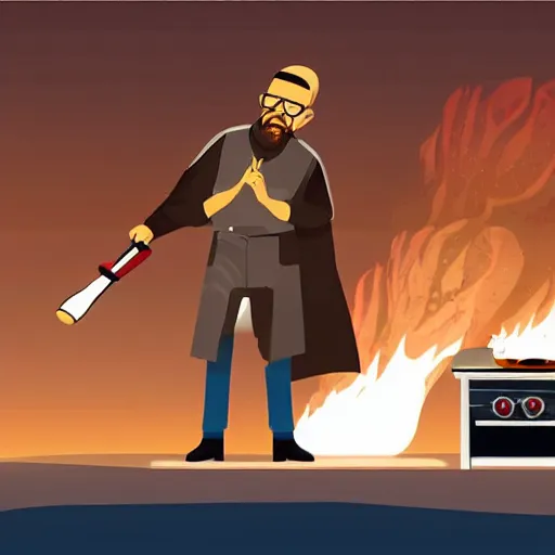 Image similar to walter white cooking a pizza with a blowtorch in the desert, cinematic view, dramatic pose, dramatic lighting