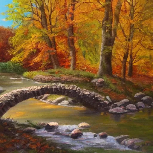 Prompt: Stone bridge over brook, pastoral scene. Autumn, changing leaves. Oil on canvas, award winning