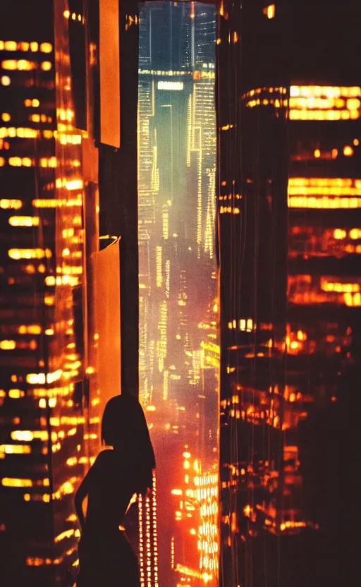 Image similar to vertical movie frame, silhouette of a girl in 7 0's retro club, editorial, fashion, neon - decorated urban on night in the city seen through the window, modern architecture design, vintage, night, blade runner, dark, clean lines, asian futuristic city at distance, big windows, octane, wide angle