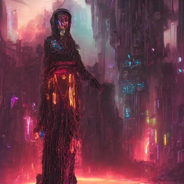 Image similar to futuristic priestess in a hooded robe full of cables and neons, cyberpunk, gothic, fantasy, science fiction, character concept art, matte painting, hyperdetailed, realistic, creepy, atmospheric, cinematic, kinemacolor