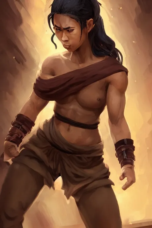 Prompt: Full body Picture of a female monk, fighter, black bandage on arms, marked muscles, brown skin, young, alluring, messy hair, brown eyes, detailed face, combat stance, black soggy pants, spiritual, epic fantasy, temple in the background, D&D, by artgerm and Craig Mullins, James Jean, Andrey Ryabovichev, Mark Simonetti and Peter Morbacher, matte painting, trending on artstation, artstationHD, artstationHQ, octane, full HD, 16K