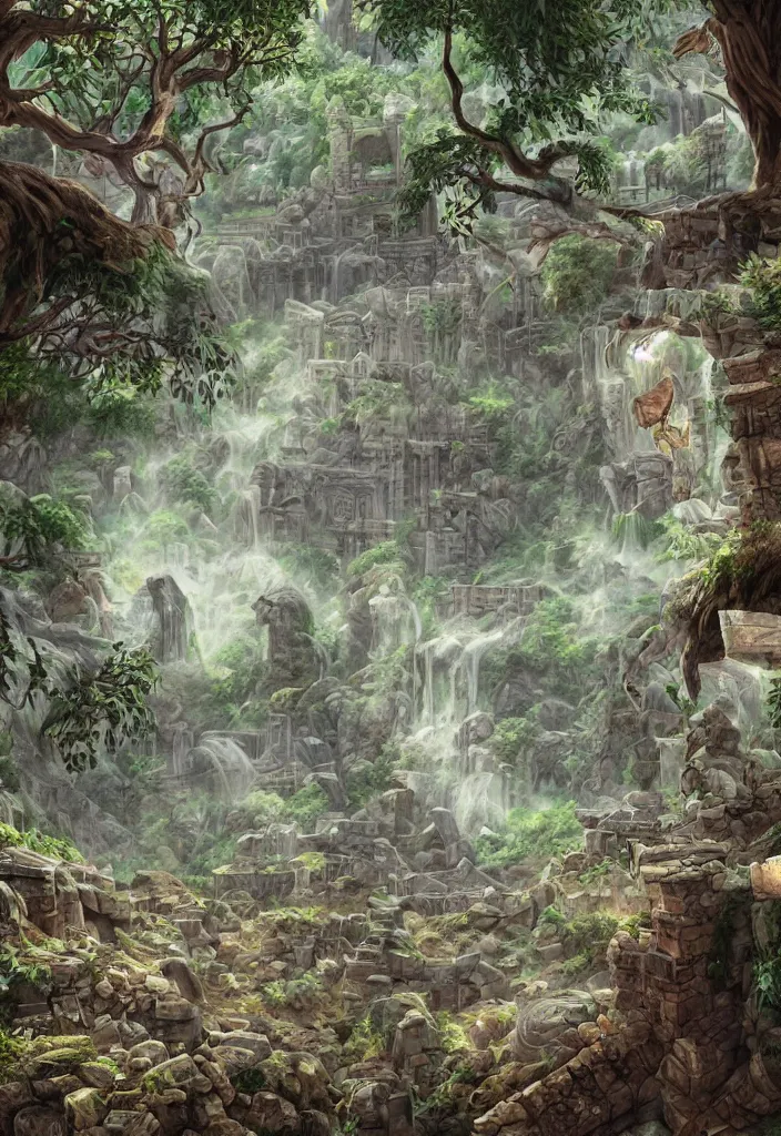 Image similar to comic book cover of ancient ruins made of crystal in a forest ,highly detailed, professional digital painting, Unreal Engine 5, illustration, HD quality, 8k resolution, cinema 4d, cinematic, professional photography, art by artgerm