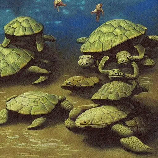 Image similar to mega turtles in an underwater ruined city of Atlantis , by Michael Sowa