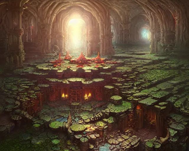 Prompt: mycelium temple, marc simonetti, leiji matsumoto, intricately detailed fantasy scenery