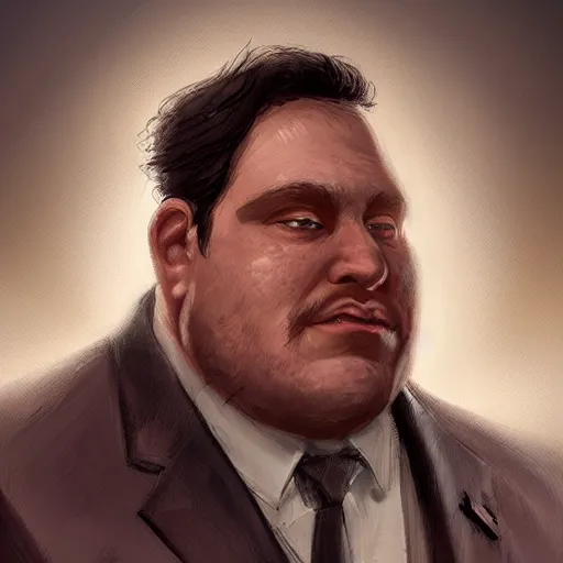 Image similar to a portrait of a short fat man with long curly black hair and a brown suit on viewing blueprints, D&D, sci-fi, elegant, hopeful, muscular, highly detailed, digital painting, artstation, concept art, smooth, sharp focus, illustration