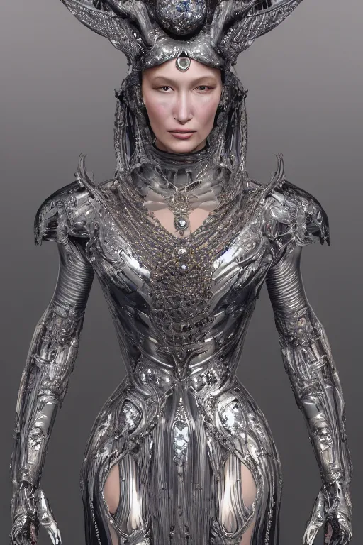 Image similar to a highly detailed medium shot 8 k render portrait of an alien goddess bella hadid in iris van herpen dress schiaparelli armor in diamonds and lots of jewelry in style of alphonse mucha trending on artstation made in unreal engine 4