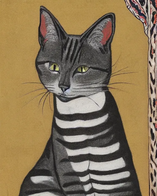 Prompt: an ornamental painting of a grey short haired cat with black stripes, portrait, in the style of John Coulthart, hyper detailed, maximalist