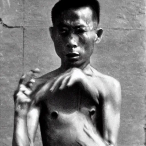 Image similar to Thích Quảng Đức burns himself to death, black and white photograph, 1963