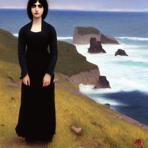 Prompt: 1 7 - year - old pale - skinned persian girl with black long bob cut, black gothic jacket, blue jeans, psychic girl, psychokinetic girl, standing on cliff along the irish coast, overcast gray skies, ultra - realistic, sharp details, subsurface scattering, intricate details, art by william - adolphe bouguereau