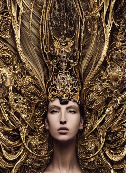 Prompt: a portrait of female model by stefan geselle and nekro borja, photorealistic, intricate details, hyper realistic, fantasy, elegant, ornate metal gold headpiece, photorealistic, canon r 3, photography, wide shot, symmetrical features, wide angle shot, whole body, full body shot, standing pose, feet on the ground, studio background