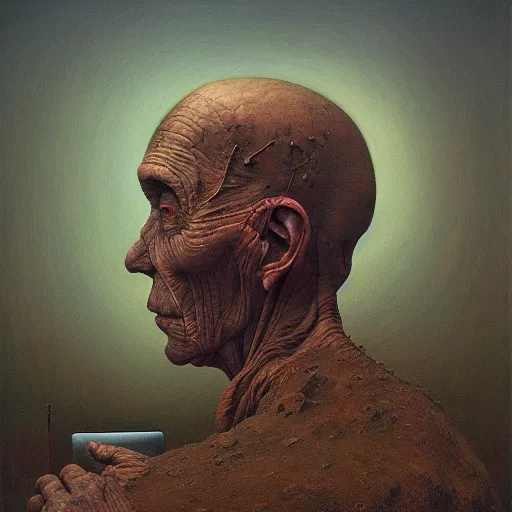 Image similar to human laptop HD photo 3d 8k resolution, Portrait by Zdzislaw Beksinski and Jeffrey Smith, oil on canvas