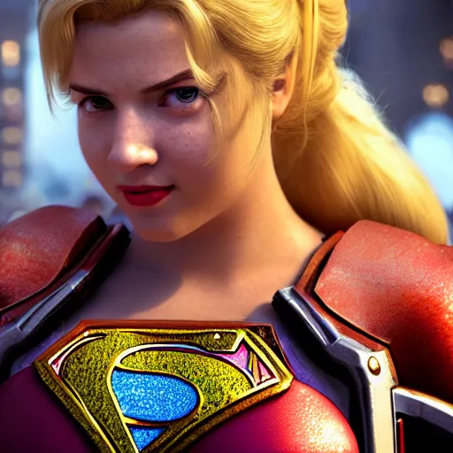 Prompt: portrait of princess peach as superman in gears of war, splash art, movie still, detailed face, photorealistic facial features, cinematic lighting, dramatic, octane render, long lens, shallow depth of field, bokeh, anamorphic lens flare, 8 k, hyper detailed, 3 5 mm film grain