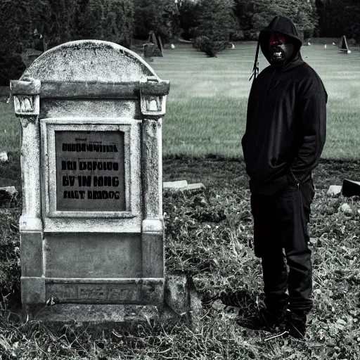 Image similar to MF DOOM standing in a graveyard with a dug up coffin
