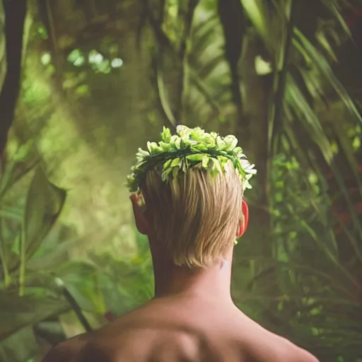 Image similar to close up kodak portra 4 0 0 photograph of a skinny guy with short blonde hair standing in a dark exotic jungle, back view, flower crown, moody lighting, telephoto, 9 0 s vibe, blurry background, vaporwave colors, faded!,