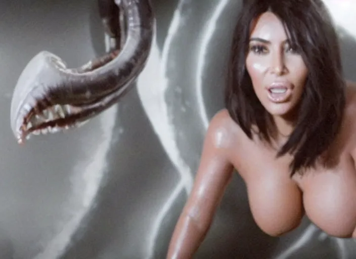 Image similar to film still of kim kardashian swallowed being ingested by an xenomorph, alien goo, transparent goo, transparent liquid, saliva, 8 k