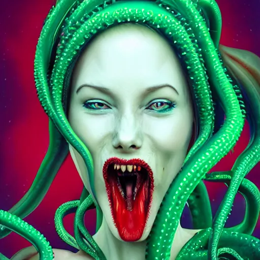 Image similar to highly photorealistic expired fuji film portrait of woman with long tentacled red tongue combined with stranger creatures, in the style of frank bairstow, artgerm, imax quality, 8 k, award winning photography