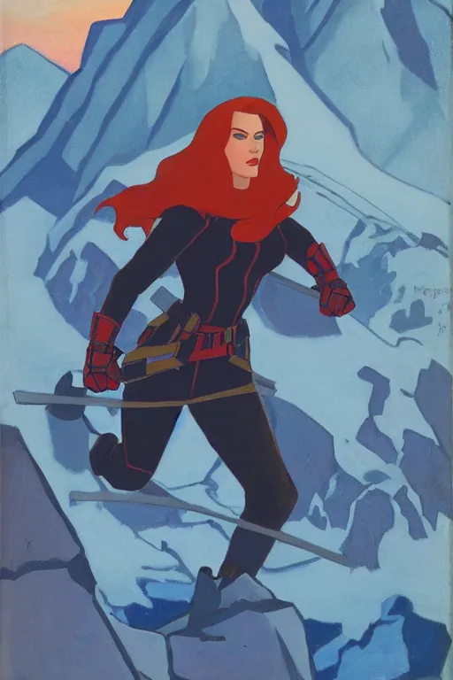 Image similar to black widow ( natasha romanova ) on mountains, marvel, artwork by nicholas roerich,