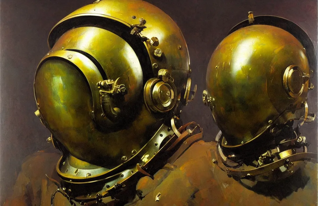 Image similar to portrait of deep sea diver helmet!!!!!!!!!!!!!!!!!!!!!!!!!!!, detailed face, detailed painting, epic lighting, by ilya repin, phil hale and kent williams