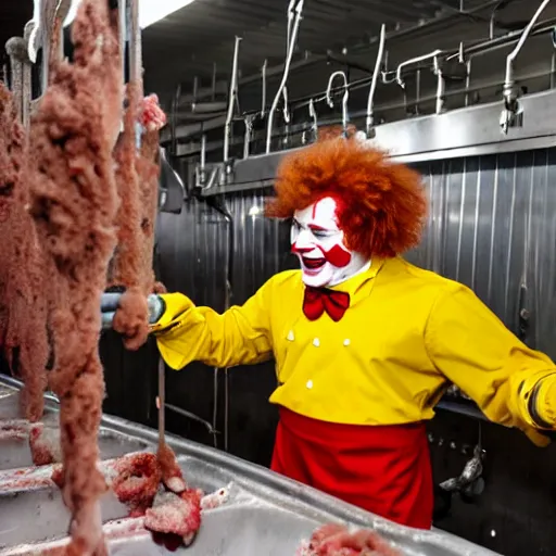 Image similar to ronald mcdonald working in a slaughterhouse.