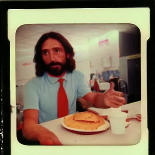 Image similar to jesus taking a lunch break at his day shift at mcdonald ’ s circa 1 9 8 0, polaroid image