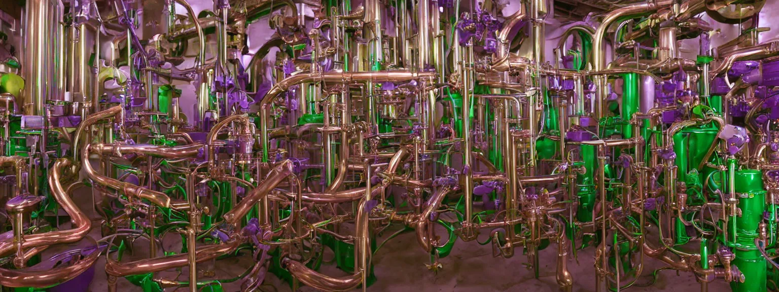 Image similar to machine apparatus for making snake oil, huge copper machine fed by a hopper of snakes, purple and green pipework, art by ed roth and kenny scharf, barrels of snake oil in a hermetically sealed production line, golden hour lighting, film still from the uncle aloysius family medicine depot movie 3 d, 8 k