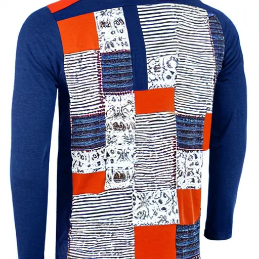 Prompt: men's henley tshirt, patchwork, bold colors