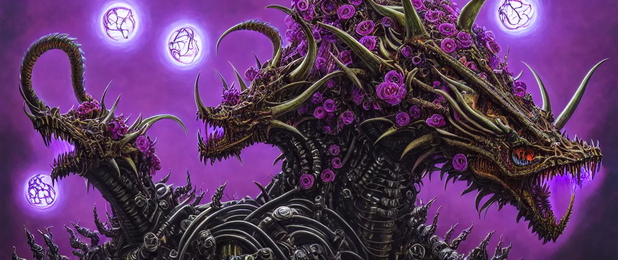 Image similar to hyperrealistic hyper detailed neo-surreal 35mm portrait of gothic cyborg dragon with multiple heads covered in flowers matte painting concept art hannah yata dali very dramatic purple lighting low angle hd 8k sharp shallow depth of field